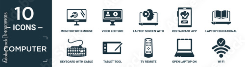 filled computer icon set. contain flat monitor with mouse cursor, video lecture, laptop screen with human head graphic, restaurant app, laptop educational tool, keyboard with cable, tablet tool, tv.