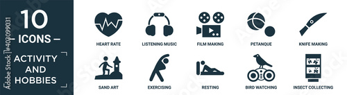 filled activity and hobbies icon set. contain flat heart rate, listening music, film making, petanque, knife making, sand art, exercising, resting, bird watching, insect collecting icons in editable.