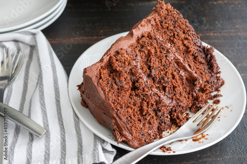 Chocolate Stout Cake with Chocolate Bourbon Sour Cream Frosting: A slice of chocolate cake made with beer and whiskey