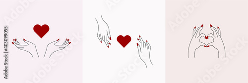 Abstract love hands set. Minimal female outline fingers heart shape, self care tattoo design, linear beauty sticker. Vector illustration