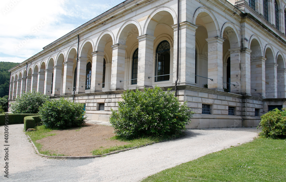Naklejka premium Rückansicht des Kursaal-Gebäudes in Bad Brückenau. Bayern, Deutschland, Europa -- Rear view of the Kursaal building in Bad Brückenau. Bavaria, Germany, Europe