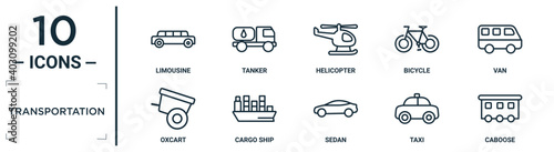 transportation linear icon set. includes thin line limousine, helicopter, van, cargo ship, taxi, caboose, oxcart icons for report, presentation, diagram, web design