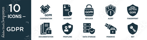 filled gdpr icon set. contain flat cooperation, account, keylock, alert, fingerprint, documentation, profiling, data storage, pendrive, key icons in editable format..