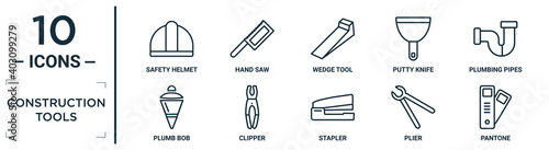 construction.tools linear icon set. includes thin line safety helmet, wedge tool, plumbing pipes, clipper, plier, pantone, plumb bob icons for report, presentation, diagram, web design