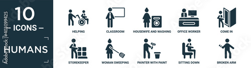 filled humans icon set. contain flat helping, classroom, housewife and washing machine, office worker, come in, storekeeper, woman sweeping, painter with paint bucket, sitting down, broken arm icons.