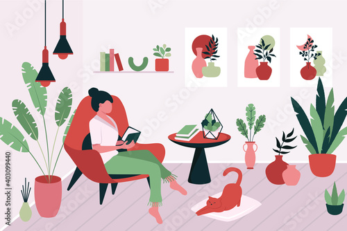 Woman reading book. Relaxed female sitting in comfortable chair, cozy room interior with plants, cat. Flat vector illustration