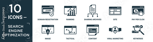 filled search engine optimization icon set. contain flat domain registration, ranking, sharing archives, site, pay per click, image, tactical, content, viral marketing, keywords icons in editable.