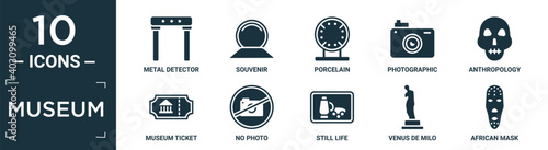 filled museum icon set. contain flat metal detector, souvenir, porcelain, photographic, anthropology, museum ticket, no photo, still life, venus de milo, african mask icons in editable format..