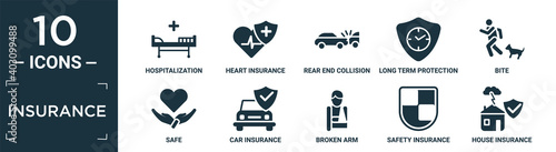 filled insurance icon set. contain flat hospitalization, heart insurance, rear end collision, long term protection, bite, safe, car insurance, broken arm, safety house for storms icons in editable.