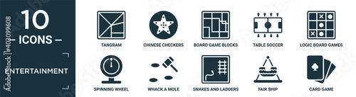 filled entertainment icon set. contain flat tangram, chinese checkers, board game blocks, table soccer, logic board games, spinning wheel, whack a mole, snakes and ladders, fair ship, card game.