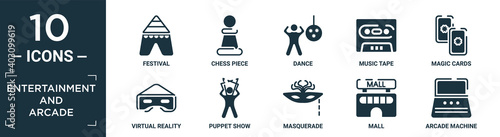 filled entertainment and arcade icon set. contain flat festival, chess piece, dance, music tape, magic cards, virtual reality glasses, puppet show, masquerade, mall, arcade machine icons in editable.