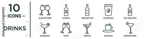 drinks linear icon set. includes thin line glass of wine, wine bottles, fish skeleton, toast, espresso, sidecar drink, margarita icons for report, presentation, diagram, web design