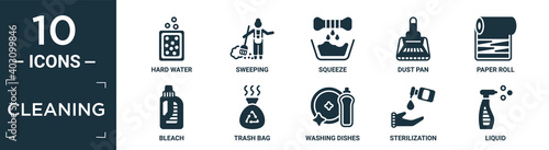 filled cleaning icon set. contain flat hard water, sweeping, squeeze, dust pan, paper roll, bleach, trash bag, washing dishes, sterilization, liquid icons in editable format..