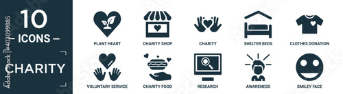 filled charity icon set. contain flat plant heart, charity shop, charity, shelter beds, clothes donation, voluntary service, food, research, awareness, smiley face icons in editable format..