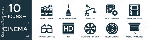 filled cinema icon set. contain flat movie clapper, mole antonelliana in turin, jimmy jib, video settings, image fotogram, 3d paper glasses, hd, film roll side view, round carpet, fabric for movies.