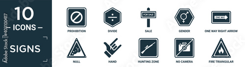 filled signs icon set. contain flat prohibition, divide, sale, gender, one way right arrow, null, hand, hunting zone, no camera, fire triangular icons in editable format..