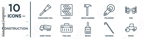 construction linear icon set. includes thin line scratcher tool, brick hammer, vise, tool box, crowbar, paver, dump truck icons for report, presentation, diagram, web design