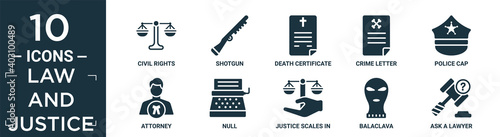 filled law and justice icon set. contain flat civil rights  shotgun  death certificate  crime letter  police cap  attorney  null  justice scales in hand  balaclava  ask a lawyer icons in editable.