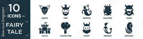 filled fairy tale icon set. contain flat goblin, king, merman, cauldron, viking, castle, talking tree, dwarf, mermaid, rapunzel icons in editable format..