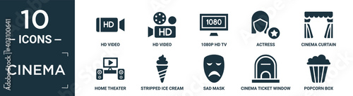 filled cinema icon set. contain flat hd video, hd video, 1080p hd tv, actress, cinema curtain, home theater, stripped ice cream cone, sad mask, cinema ticket window, popcorn box icons in editable.