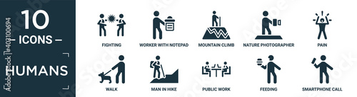 filled humans icon set. contain flat fighting, worker with notepad, mountain climb, nature photographer, pain, walk, man in hike, public work, feeding, smartphone call icons in editable format..