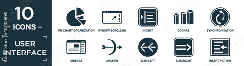 filled user interface icon set. contain flat pie chart organization, window scrolling right, indent, 3d bars, synchronisation, sidebar, archer, slim left, slim right, insert picture icons in.
