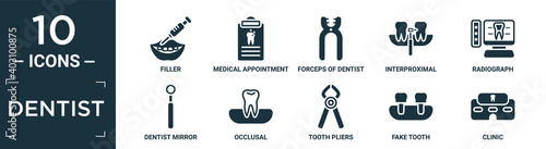 filled dentist icon set. contain flat filler, medical appointment, forceps of dentist tools, interproximal, radiograph, dentist mirror, occlusal, tooth pliers, fake tooth, clinic icons in editable.
