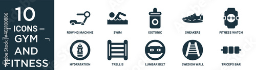 filled gym and fitness icon set. contain flat rowing machine, swim, isotonic, sneakers, fitness watch, hydratation, trellis, lumbar belt, swedish wall, triceps bar icons in editable format..
