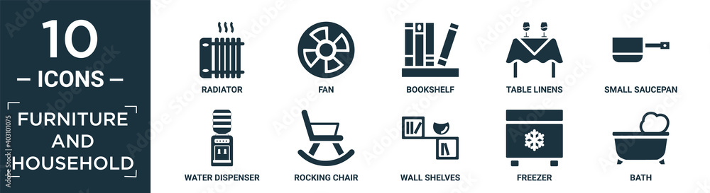 filled furniture and household icon set. contain flat radiator, fan, bookshelf, table linens, small saucepan, water dispenser, rocking chair, wall shelves, freezer, bath icons in editable format..