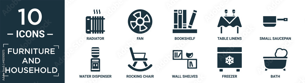 Obraz premium filled furniture and household icon set. contain flat radiator, fan, bookshelf, table linens, small saucepan, water dispenser, rocking chair, wall shelves, freezer, bath icons in editable format..
