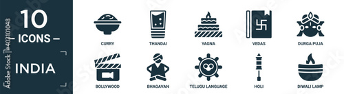 filled india icon set. contain flat curry, thandai, yagna, vedas, durga puja, bollywood, bhagavan, telugu language, holi, diwali lamp icons in editable format.. photo