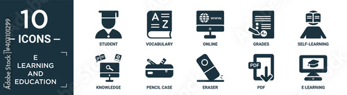filled e learning and education icon set. contain flat student, vocabulary, online, grades, self-learning, knowledge, pencil case, eraser, pdf, e learning icons in editable format..