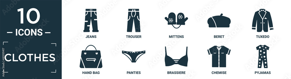filled clothes icon set. contain flat jeans, trouser, mittens, beret,  tuxedo, hand bag, panties, brassiere, chemise, pyjamas icons in editable  format.. Stock Vector | Adobe Stock