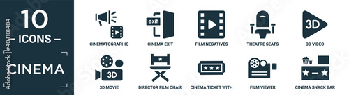 filled cinema icon set. contain flat cinematographic announcer, cinema exit, film negatives, theatre seats, 3d video, 3d movie, director film chair, cinema ticket with a star, film viewer, snack bar.