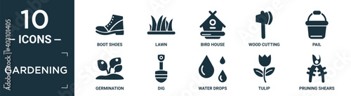 filled gardening icon set. contain flat boot shoes, lawn, bird house, wood cutting, pail, germination, dig, water drops, tulip, pruning shears icons in editable format..