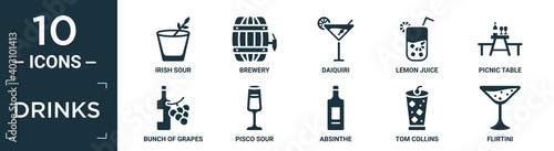 filled drinks icon set. contain flat irish sour, brewery, daiquiri, lemon juice, picnic table, bunch of grapes, pisco sour, absinthe, tom collins, flirtini icons in editable format..