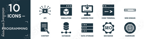 filled programming icon set. contain flat api, simulation, landing page, code terminal, web domain, content, database, data storage, seo badge, hardware icons in editable format..