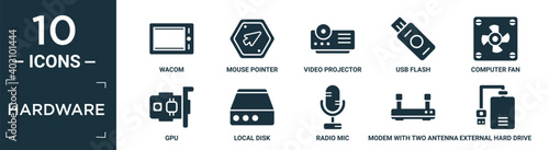 filled hardware icon set. contain flat wacom, mouse pointer, video projector, usb flash, computer fan, gpu, local disk, radio mic, modem with two antenna, external hard drive icons in editable.