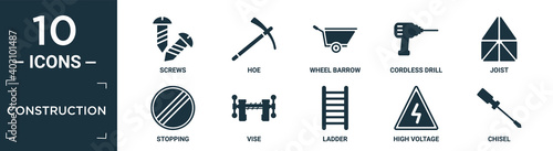 filled construction icon set. contain flat screws, hoe, wheel barrow, cordless drill, joist, stopping, vise, ladder, high voltage, chisel icons in editable format..