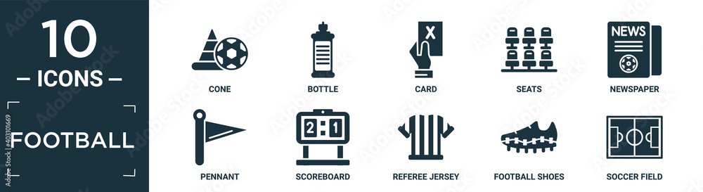filled football icon set. contain flat cone, bottle, card, seats, newspaper, pennant, scoreboard, referee jersey, football shoes, soccer field icons in editable format..