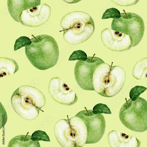 Watercolor seamless pattern green apple on a color background.