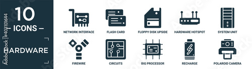 filled hardware icon set. contain flat network interface card, flash card, floppy disk upside down, hardware hotspot, system unit, firewire, circuits, big processor, recharge, polaroid camera icons.