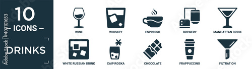 filled drinks icon set. contain flat wine, whiskey, espresso, brewery, manhattan drink, white russian drink, caipiroska, chocolate, frappuccino, filtration icons in editable format..