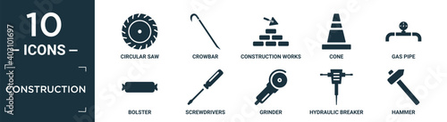 filled construction icon set. contain flat circular saw, crowbar, construction works, cone, gas pipe, bolster, screwdrivers, grinder, hydraulic breaker, hammer icons in editable format..