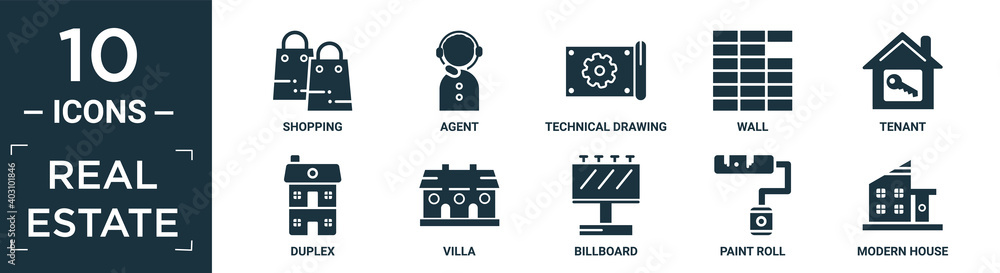 filled real estate icon set. contain flat shopping, agent, technical drawing, wall, tenant, duplex, villa, billboard, paint roll, modern house icons in editable format..