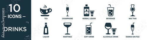 filled drinks icon set. contain flat tea, champagne, herbal liquor, beverage, mai thai, liquor, martinez, soft drink, alcoholic drink, ramos gin fizz icons in editable format..