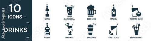 filled drinks icon set. contain flat grain, caipiroska, beer mug, malibu, tomato juice, violin, mai thai, smoothie, fruit juice, bloody mary icons in editable format..