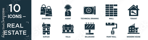 filled real estate icon set. contain flat shopping, agent, technical drawing, wall, tenant, duplex, villa, billboard, paint roll, modern house icons in editable format..
