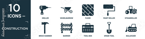 filled construction icon set. contain flat driller, wheelbarrow, floor, paint roller, steamroller, brick hammer, barrier, tool box, spade tool, bulldozer icons in editable format..