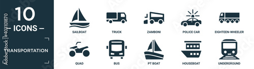 filled transportation icon set. contain flat sailboat, truck, zamboni, police car, eighteen-wheeler, quad, bus, pt boat, houseboat, underground icons in editable format..